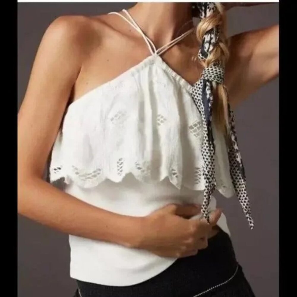 Anthropologie Strappy Eyelet Lace Ruffle Trim Halter Top White Sz Small Ribbed